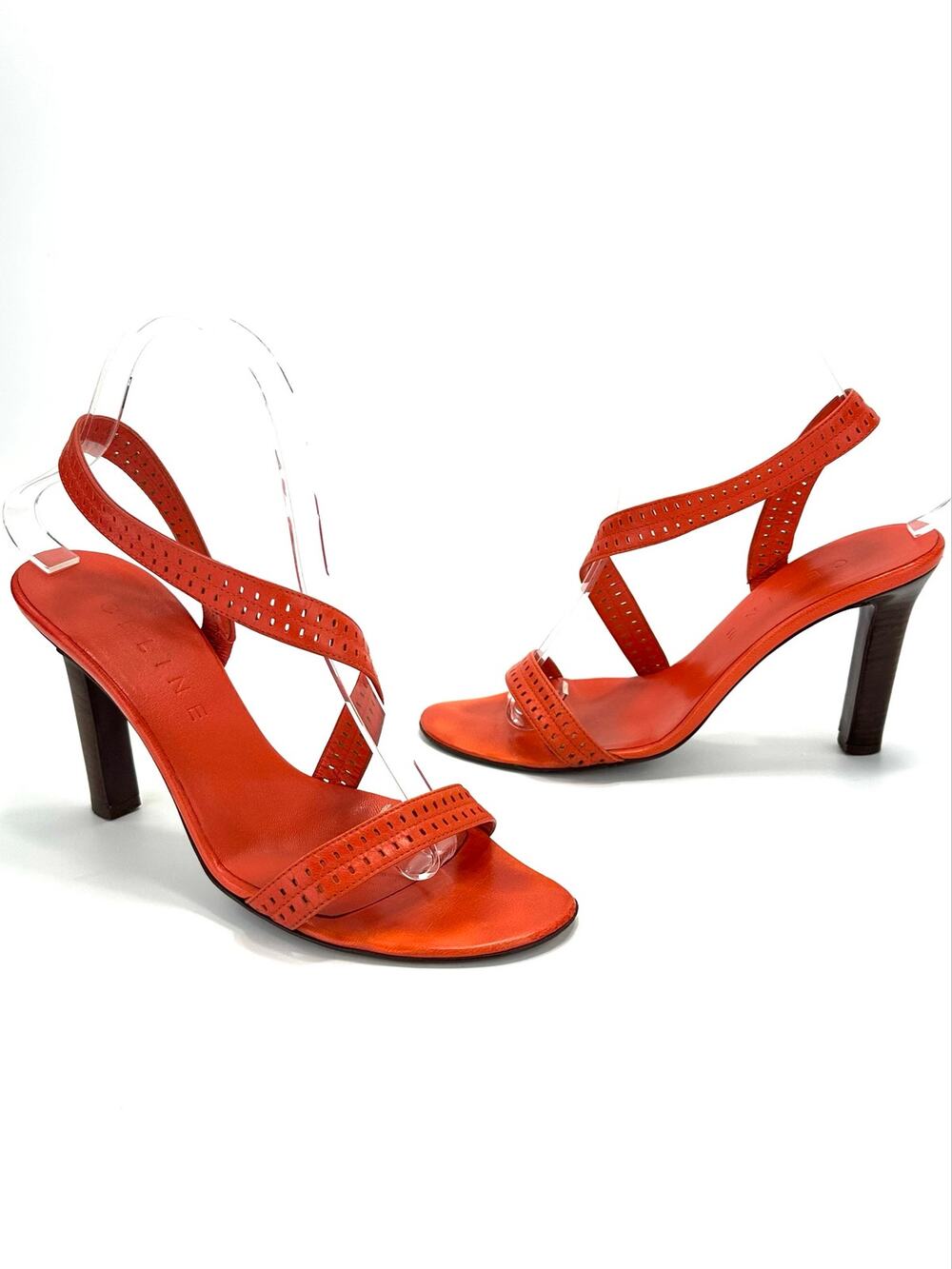 Celine RARE VINTAGE High Heel Sandal Size 8/38B Orange Leather Designer Luxury